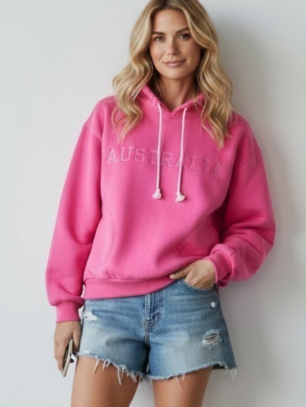 Everything Australian Pink Embroidered Sweatshirt Women's Sz M Drawstring Collar